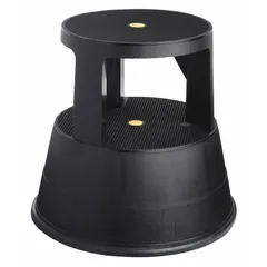 This round rolling step stool provides a 15-inch standing height and supports up to 300 lb. It features two steps, swivel casters for easy mobility, and non-marring rubber feet to protect floors. The black plastic stool is stackable for compact storage and carries a Type IA ANSI duty rating. Suitable for accessing elevated areas in industrial, warehouse, and commercial environments.