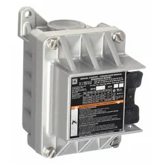 Single-pole enclosed non-reversing starter rated for 16 A. Provides thermal protection using melting alloy thermal units (sold separately). Operated by a toggle switch for manual on/off control. Suitable for single-phase motor applications such as conveyors, pumps, and fans.