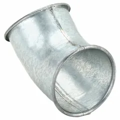 Steel elbow with 45° angle for 4 in duct diameter. Overall length 6 1/2 in, centerline radius 1 in. Used in ductwork systems to change airflow direction in ventilation, dust collection, and exhaust applications.