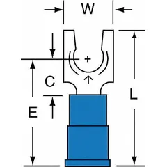 Insulated locking fork terminal from the TR Series with a funnel barrel for easy wire insertion. Vinyl insulation rated for 1000V. Accommodates 16 AWG to 14 AWG wire on a #10 stud. Used for secure electrical connections in control panels and power distribution.