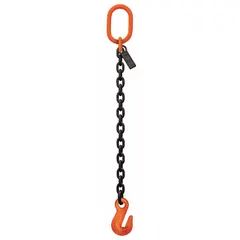 This Grade-100 single-leg chain sling is constructed from alloy steel with a fixed length and a grab hook. It is used for lifting and rigging applications in material handling, such as hoisting loads in industrial environments.