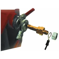 This brass battery terminal bolt is designed for positive polarity connections, featuring a 3/8"-16 stud size and 1 13/16 in overall length. It serves as a bolt-type connection component for securing cable ends to battery posts in automotive, marine, and industrial equipment.
