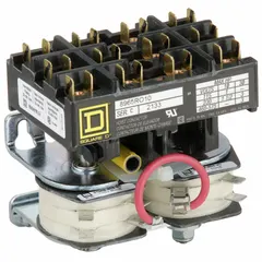 Three-phase reversing definite purpose contactor from the SQUARE D 8965 Series Type R. Features a 120V AC coil, 600V AC maximum voltage rating, 3NO main pole contact form, and quick-disconnect terminals. Designed for hoist and crane applications requiring forward and reverse motor operation.