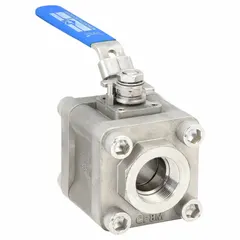 This 1-1/2 inch stainless steel vented ball valve features a straight body with FNPT x FNPT connections. It is equipped with a locking lever handle and a polymer seat. Used in industrial piping systems to start, stop, or redirect flow, particularly in corrosive or high-purity fluid handling applications.