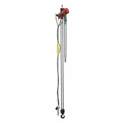 Hook-mounted air hoist with swivel hook and safety latch, designed for fixed-point lifting. No trolley configuration. 1 ton lifting capacity, 23 fpm lift speed, NPT air connection. Suitable for vertical lifting and positioning in industrial settings such as assembly lines, maintenance bays, and warehouses.