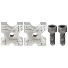 This replacement cutting die set includes upper and lower set screws for securing the die during operation. Designed for cutting applications, it is a single-piece assembly for use with compatible DEWALT models.