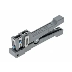 Hand tool for stripping round cable jackets on RG-59 and RG-6 coaxial cables. Features a 3/16 to 5/16 in stripping range, 6 in overall length, standard cushion grip, rounded edge, and black finish. Used by telecom and low-voltage installers for preparing cable ends in CCTV, satellite, and broadband applications.