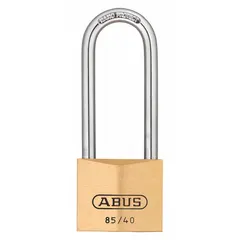 This ABUS padlock from the 86 Series features a brass body with an unfinished yellow finish and a steel shackle. It provides a vertical clearance of 2 29/64 inches, suitable for applications requiring a longer shackle. The padlock is master keyed and supplied keyed differently. Typical uses include securing gates, lockers, and storage units where a master key system is needed.