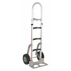 This MAGLINER hand truck is a corrosion-resistant model with a 500 lb capacity, featuring a single-pin design, silver aluminum frame, and pneumatic rubber tires. It is suited for moving heavy loads in industrial, warehouse, and commercial environments where resistance to corrosion is required. The pneumatic tires provide shock absorption on uneven surfaces.