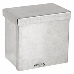 This WIEGMANN steel enclosure measures 6 x 6 x 6 inches and is rated NEMA 3R for protection against rain and sleet. It features a solid galvanized cover secured with screws and includes knockouts for cable entry. Suitable for housing electrical controls, terminals, and wiring in indoor or outdoor applications.