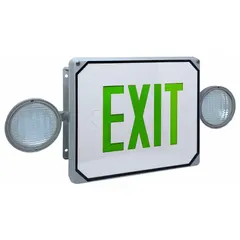 Single-faced, wall-mounted LED exit sign with green text and universal field selectable chevrons. Operates on 120/277V AC, provides 90 minutes of emergency illumination, and is remote capable. Suitable for industrial environments requiring corrosion-resistant signage.