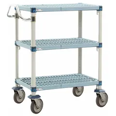 This steel lab cart from INSTOCK features three shelves for transporting supplies, instruments, and samples within laboratory, hospital, or cleanroom environments. Overall dimensions: 24 in wide, 36 in long, 39 in high. The steel construction provides a durable and easy-to-clean surface. Manufacturer part number GRMXUC2436-35.