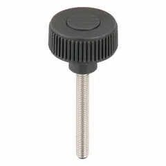 Knurled knob with threaded stud for manual clamping, positioning, and adjustment on industrial machinery and fixtures. Plastic body with stainless steel M8 thread, 60 mm thread length, 40 mm diameter, gray color.