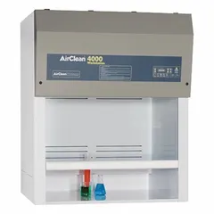 Fully assembled ductless fume hood with white finish. Includes blower, base/stand, and work surface. Overall width 50 in, height 60 in. Suitable for light-duty containment of low-hazard fumes and particulates in laboratory or industrial settings where ducted exhaust is unavailable.