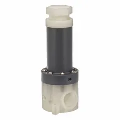 This adjustable antisiphon relief valve is constructed with PTFE seals and a polypropylene body, sized at 1 1/2 in x 1 1/2 in. It is designed to prevent back-siphonage and relieve excess pressure in fluid systems handling corrosive or ultra-pure liquids. Typical applications include chemical processing, water treatment, and semiconductor manufacturing where polypropylene and PTFE piping systems are used.