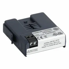 Surface-mounted current sensor relay with a fixed undercurrent trip point of 0.35 A and a current rating of 200 A. Features a switch adjustment method, terminal strip connection, and a contact rating of 10 A at 125 VAC. Designed for undercurrent monitoring in industrial control applications to detect load loss or belt breakage.