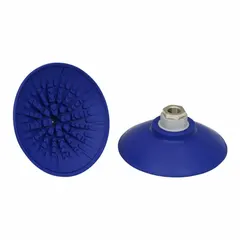 This vacuum pad assembly is designed for automated material handling in automotive manufacturing. It features a G1/4 in connection, 110 mm pad diameter, and 41 mm pad height. The pad is made of NBR (nitrile rubber) in blue, with a 60 A suction capacity and SAF design.
