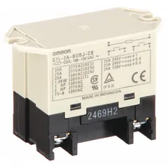 Surface-mounted power relay with top flange mounting and square base. DPST-NO contact configuration rated 25 A at 220V AC for resistive and inductive loads. Coil voltage 100/120V AC. Screw terminal connections. Suitable for switching high-current loads in industrial control panels, HVAC systems, and automation equipment.