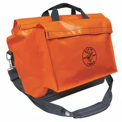 This polyester wide-mouth tool bag in orange provides a single main pocket and one inside pocket for organizing hand tools, test instruments, and supplies. The wide opening allows easy access to contents, making it suitable for electricians, technicians, and maintenance professionals on job sites.