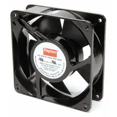 Standard square axial fan from Dayton with polybutylene terephthalate blades. Delivers 62 to 90 cfm airflow at 0.000 in static pressure. Measures 4 11/16 inches in height and 1 1/2 inches in depth. Terminals connection type with IP20 rating. Suitable for general ventilation and cooling in industrial equipment, control panels, and electronic enclosures.