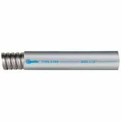 This corrosion resistant liquid-tight metallic conduit is designed for industrial environments requiring protection against moisture, chemicals, and physical damage. It is commonly used in processing plants, wastewater facilities, and outdoor equipment where standard conduit would corrode. The conduit has a 3/4-inch trade size, gray color, and 100-foot nominal length.