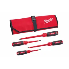 This 4-piece insulated screwdriver set includes Phillips and slotted tip types for electrical work requiring shock protection. Each driver has a 1/4 in drive size and is tether-ready to prevent drops in elevated or confined spaces.