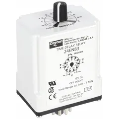 Socket-mounted single-function time delay relay with off-delay operation. Rated for 12V DC and 10 A, featuring 11 pins/terminals. Suitable for industrial control applications requiring a timed delay after input signal removal, such as motor control, conveyor systems, and HVAC equipment.