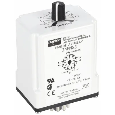 Dayton Single Function Time Delay Relay: Socket Mounted, 12V DC, 10 A, 11 Pins/Terminals - Socket-Mounted Relays