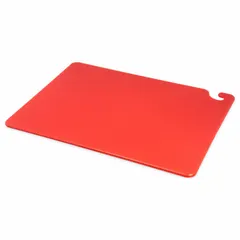This red co-polymer cutting board measures 18 inches wide by 24 inches long. It is NSF certified for sanitation compliance in food-contact surfaces. The color coding helps designate the board for specific food types to reduce cross-contamination. Suitable for commercial food preparation and transport.