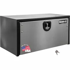 This steel single drop-down door box is finished in gloss black and silver. It features a keyed lock and an 18-inch overall depth. Suitable for underbody mounting on trucks to store tools and equipment securely.