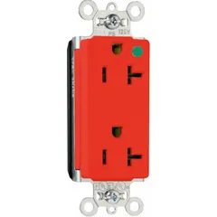 This hospital grade decorator duplex receptacle is rated 125V AC and 20 A with a 5-20R configuration. The red color indicates its use in critical power applications. It is commonly installed in healthcare facilities to supply power to medical equipment and patient care areas.