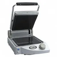 Single panini press with a 13-inch-wide glass ceramic cooking surface. Operates at 120V and 12.5 A. Suitable for grilling sandwiches, paninis, and flatbreads in commercial kitchens and food service operations