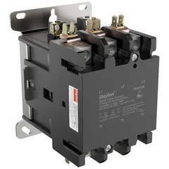 Three-pole non-reversing definite purpose contactor with 90 A rating and 208/240V AC coil voltage. Rated for maximum 600V AC, with 3NO main pole contact form. Through-panel mounting with box lug terminals. Suitable for HVACR equipment such as compressors, fans, and pumps.