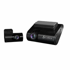 The COBRA SC250R is a 4K dash camera with front resolution of 4096 x 2160 and rear resolution of 1920 x 1080, operating at 12V DC. It includes a USB data cable and features Cloud Video Management and a G Sensor for impact detection. Suitable for fleet management, accident documentation, and driver safety monitoring.