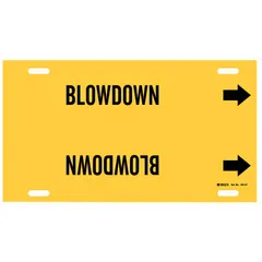 Yellow strap-on pipe marker with black legend reading 'Blowdown' and directional arrows. Fits pipe outer diameters from 6 to 7-7/8 inches. Used to identify blowdown lines in industrial piping systems, aiding in compliance with pipe-identification standards.