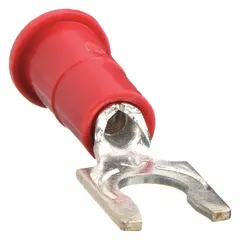 Red vinyl-insulated locking fork terminal from the TH Series with funnel barrel. Accommodates #8 stud size and 22 AWG to 18 AWG wire. Rated for 1000 V. Used for secure electrical connections in control panels, automation systems, and power distribution.