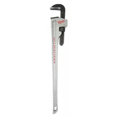 This straight pipe wrench is constructed of aluminum for reduced weight. It features serrated jaws with a 6-inch capacity and an ergonomic design. The 48-inch overall length provides leverage for gripping and turning pipes and fittings in plumbing and maintenance tasks.