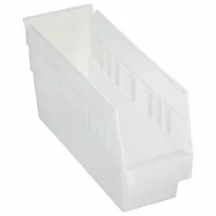 This clear plastic shelf bin is designed for organizing small parts, components, and hardware on industrial shelving, in warehouses, and workshops. Its transparent construction allows quick visual identification of contents, and the nesting capability saves space when bins are not in use. Overall length is 11 5/8 inches. Not electrostatic discharge conductive; dividers not included.