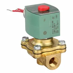 This REDHAT solenoid valve is a 2-way, 2-position, normally closed valve with a 3/8 in pipe size. It operates at 240V AC (also rated 220V AC) and features a watertight coil enclosure. Suitable for on/off control of liquids or gases in industrial piping systems.