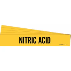 Yellow adhesive pipe marker with black legend reading 'Nitric Acid'. Fits pipe outer diameters from 2-1/2 to 7-7/8 inches. Supplied without directional arrows. Pack of 5 markers. Used for identifying nitric acid lines in industrial piping systems.
