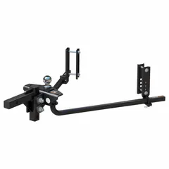 This CURT trailer ball and shank assembly has an overall width of 14 1/2 inches and an overall length of 42 inches. It is used for towing trailers, boats, and equipment in fleet and vehicle maintenance applications, providing a stable coupling for light to medium-duty towing.