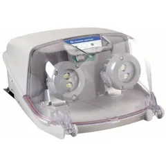 This emergency light features two LED lamp heads with 11 W emergency wattage, operating on 120 to 347V AC input. The gray plastic housing is wet location rated and surface mounted. It is remote capable, includes self-diagnostics, and is CA Title 20 compliant. Suitable for backup illumination in areas exposed to moisture such as parking garages, tunnels, and building perimeters.