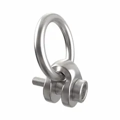 Nickel-plated steel side-pull pivot and rotate hoist ring with M30-3.50 thread. Rated for 10,690 lb maximum load in side-pulling operations. Swivel design allows safe angled lifts, suitable for positioning and material handling tasks where load orientation changes.