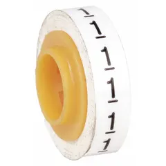 Replacement roll for wire marker dispensers containing 576 black-on-white polyester film labels with legend '1'. Rated for continuous use from -40°F to 250°F. Used for identifying electrical conductors, cables, and terminals in panel building, machine wiring, and maintenance applications.