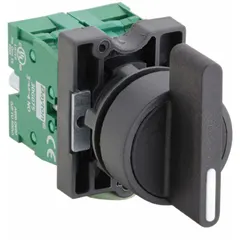 Three-position maintained selector switch with a long-handled plastic knob and non-metallic bezel. Rated 10 A at 600 V AC and 2.5 A at 600 V DC. Suitable for panel-mount control circuits requiring stable On/Off/On selection without constant operator pressure.