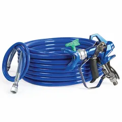 This airless spray gun kit from GRACO is designed for applying coatings, lacquers, paints, and stains. It features an aluminum body, a 1/4 in NPSM air inlet, and includes a 1/4 in x 50 ft BlueMax II Airless Hose. Suitable for industrial finishing and maintenance tasks requiring consistent high-pressure spray patterns.