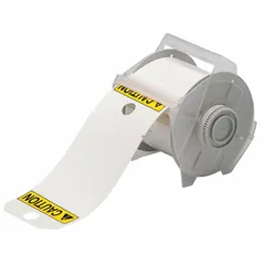 Roll of 100 pre-cut polyester caution tags, white gloss finish, measuring 3 1/4 in x 5 3/4 in. Suitable for indoor and outdoor use. Designed for use with GlobalMark printer series and recommended ribbon 76739. Commonly used for safety warnings and hazard identification in industrial environments.