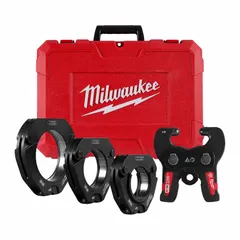 Jaw and ring set for standard and extended press tools, designed for 2-1/2 to 4 in copper and stainless steel pipe. Includes a 3 in CTS-V pivoting press ring. Used for pressing pipe connections in plumbing and mechanical systems.