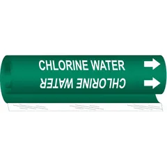 This wrap-around pipe marker identifies pipes carrying chlorine water. It features a green background with white legend text and includes directional arrows. Designed for pipe outer diameters from 1/2 to 1-3/8 inches, it is supplied as a single marker.