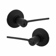 This KWIKSET office lever lockset features a black painted finish and rose trim, designed for interior commercial doors requiring ADA-compliant lever operation. Suitable for office, institutional, or light-commercial environments where accessibility is needed. Not ligature-resistant.